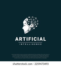 artificial intelligence head robot ai logo, head female robot and brain symbol connected dot and line for artificial intelligence symbol