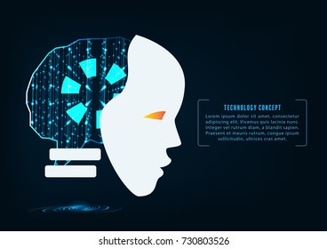 Artificial intelligence. Head of the robot with binary code matrix  inside.Cyber technology ,Machine learning systems and automation concept.