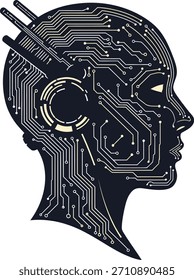 Artificial intelligence head silhouette shows a stylized human profile filled with circuit board patterns representing advanced technology and the future of digital innovation in a modern abstract de