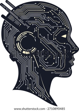 Artificial intelligence head silhouette shows a stylized human profile filled with circuit board patterns representing advanced technology and the future of digital innovation in a modern abstract de