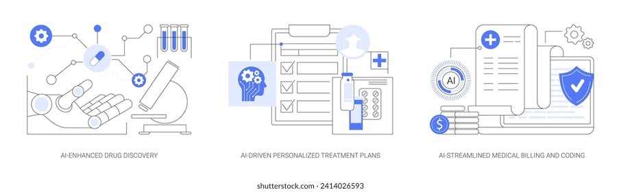 Artificial Intelligence in Healthcare abstract concept vector illustration set. AI-Enhanced Drug Discovery, Personalized Treatment Plans, Medical Billing and Coding, medical costs abstract metaphor.