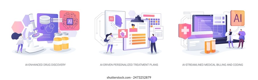 Artificial Intelligence in Healthcare abstract concept vector illustration set. AI-Enhanced Drug Discovery, Personalized Treatment Plans, Medical Billing and Coding, medical costs abstract metaphor.