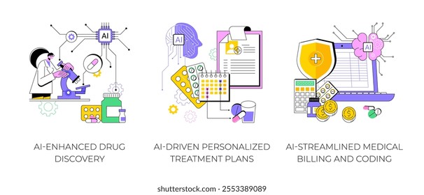 Artificial Intelligence in Healthcare abstract concept vector illustration set. AI-Enhanced Drug Discovery, Personalized Treatment Plans, Medical Billing and Coding, medical costs abstract metaphor.