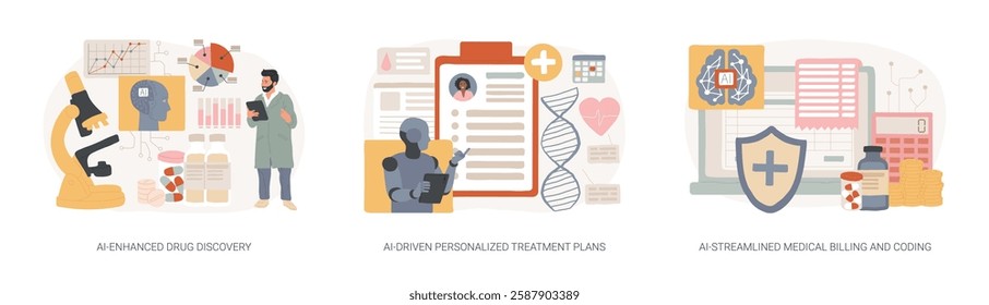 Artificial Intelligence in Healthcare abstract concept vector illustration set. AI-Enhanced Drug Discovery, Personalized Treatment Plans, Medical Billing and Coding, medical costs abstract metaphor.