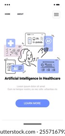 Artificial intelligence healthcare concept with medical icons and a person interacting with tech elements in a minimalist hand drawn style. Website design