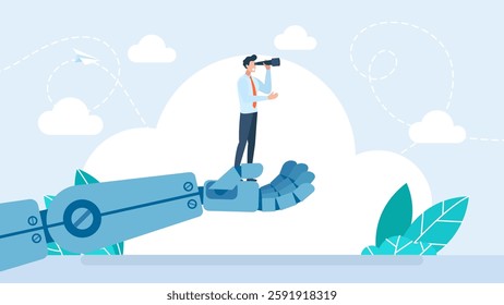 Artificial Intelligence help business success, future of AI working with humanity, robot automation or innovation support. AI. Robot hand holding businessman to see opportunity. Vector illustration