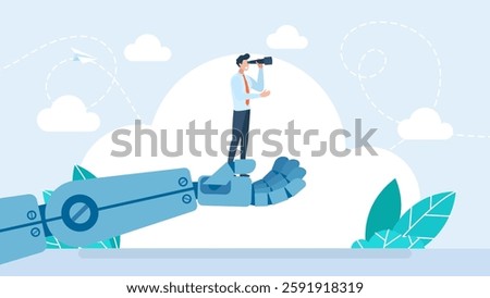 Artificial Intelligence help business success, future of AI working with humanity, robot automation or innovation support. AI. Robot hand holding businessman to see opportunity. Vector illustration