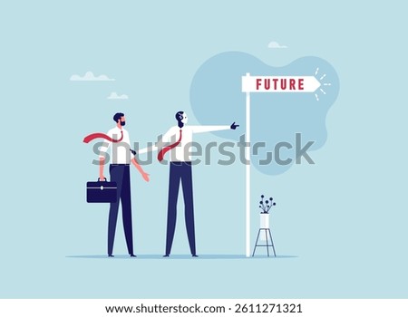 Artificial Intelligence help business success, future of AI working with humanity, robot automation or innovation support, business support, robot help businessman look on future
