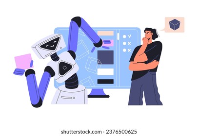 Artificial intelligence help to create shape. Designer work using AI, modern technology, smart computer. Machine learning. Neural networks concept flat isolated vector illustration on white background