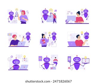 La inteligencia artificial ayuda a las personas en el trabajo. Asistente de robot virtual, bot de Servicio al cliente, Asistencia de cliente en línea. Búsqueda basada en IA, creación de contenido. Ilustración vectorial aislada