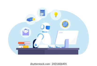 Inteligencia artificial para ayudar a la productividad. Automatización de empresas. Robot de IA ayuda multitarea. Tecnología de innovación para la eficiencia laboral. Automatización o asistencia robótica
