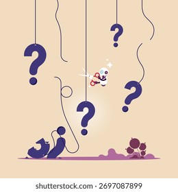 Artificial intelligence to help solve problem or business solution concept, smart robot uses scissors and cutting the problems hanging around, overcoming obstacles