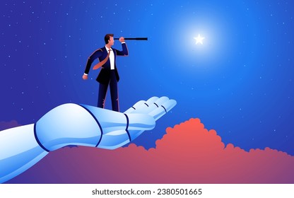 Artificial intelligence help, symbolized by a robot hand supporting businessman while he observes the stars with a telescope, potential for AI to enhance planning and strategy in business