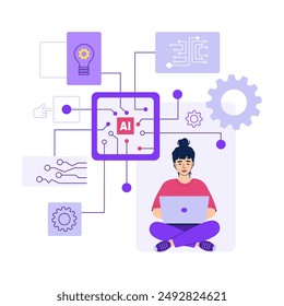 Artificial intelligence help woman in work. Customer service, online client support. AI-powered search, automatic business processes. Innovative technology, testing computer chip. Vector illustration