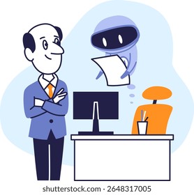 Künstliche Intelligenz hilft Business Professional mit Dokumenten. Vektorgrafik der Zusammenarbeit von Office Worker und AI Assistant am Arbeitsplatz.