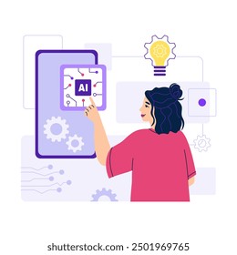 Artificial intelligence helping woman used phone. Virtual assistant, online user support. AI-powered search, Innovative technology, testing mobile chip. Isolated vector illustration