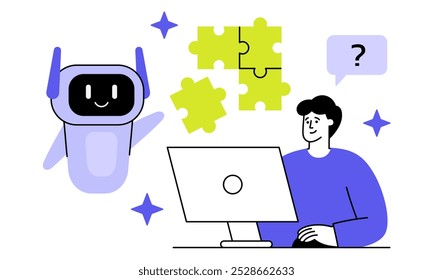 La inteligencia artificial ayuda a un humano a resolver una tarea de trabajo. El robot lindo da una idea a una Ilustración vectorial plana del rompecabezas. Hombre trabajando en la computadora