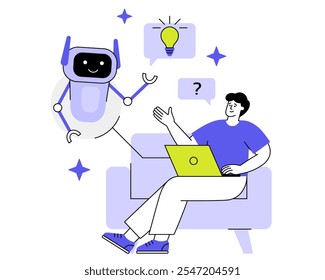 La inteligencia artificial ayuda a un humano a resolver una tarea de trabajo. El robot lindo da una idea a una Ilustración vectorial plana de la bombilla. Un tipo se sienta en un sofá con una computadora portátil 