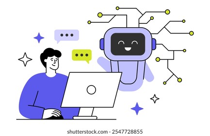 Artificial intelligence helps a human solve a work task. Cute robot chip processor flat vector illustration. Guy working on computer