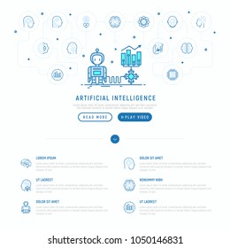 Artificial intelligence helps to increase profit with thin line icons: robot, brain, machine learning, marketing analytics, cpu, chip, voice assistant. Modern vector illustration, web page template.