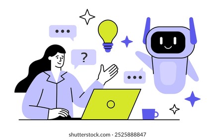 Artificial intelligence helps a woman solve a work task. Cute robot gives an idea to a light bulb flat vector illustration. Girl working on laptop