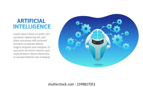 Artificial intelligence with high technology, modern robot with artificial mind processes information. Vector flat illustration for background and advertising poster