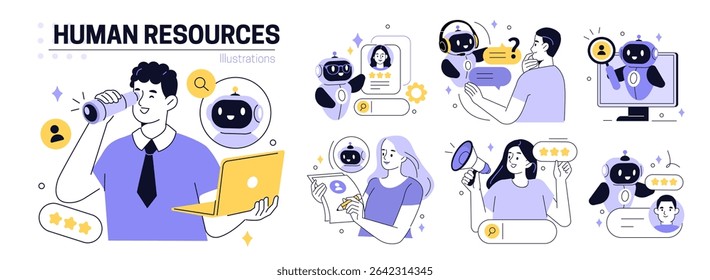 Artificial intelligence in hiring set. Characters use ai recruitment tools for business process, job searching, interview, cv writing. Human recourses concept. Vector illustration.