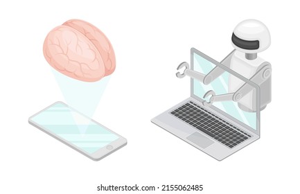 Künstliche Intelligenz, Hightech-Technologien. Roboterkünstliche Objekte isometrische Vektorgrafik