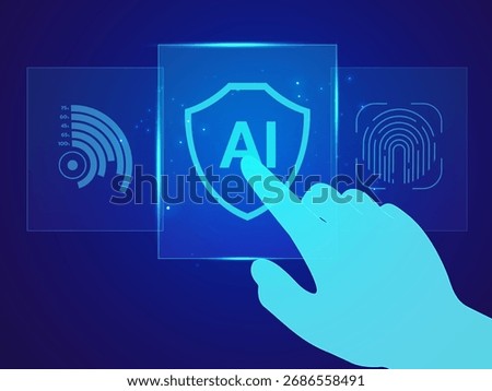 Artificial Intelligence with hologram human Pointing or touching finger in screen Data Visualization Hologram Dashboard blue light effect on dark blue background vector design concept for advance tech