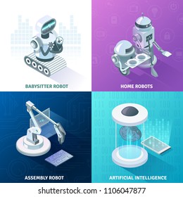 Artificial intelligence, home automated equipment, machine baby sitter, industrial robots isometric design concept, isolated vector illustration 