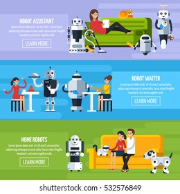 Artificial intelligence horizontal banners with robots helping people in different situations in flat style vector illustration
