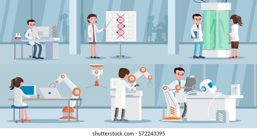 Artificial intelligence horizontal banners with scientists dna research genetic engineering and robotic cybernetic inventions vector illustration