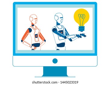 Artificial Intelligence Hosting Educational Show. AI Finding Solution to Problem in Desktop Application. Automatically Generated Idea, Thought. Futuristic Android Flat Vector Illustration