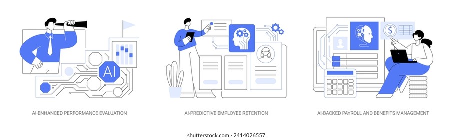 Artificial intelligence in HR abstract concept vector illustration set. AI-Enhanced Performance Evaluation, AI-Predictive Employee Retention, Payroll and Benefits Management abstract metaphor.