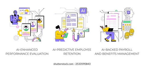 Inteligência artificial em conjunto de ilustração vetorial conceito abstrato HR. AI-Avaliação de Desempenho Aprimorado, AI-Retenção Preditiva de Funcionários, Folha de Pagamento e Gestão de Benefícios metáfora abstrata.