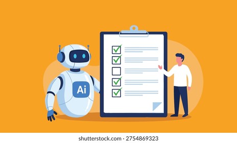 Artificial intelligence and human collaboration in data management concept with a robot and a person standing near a large digital checklist.