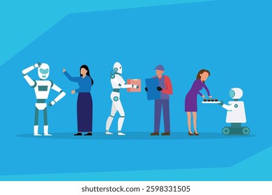 Artificial Intelligence and Human Collaboration in the Workplace – Futuristic 2d flat vector illustrations