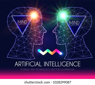 Artificial Intelligence. Human Consciousness. Mind Process. Human and Robot. Scientific Digital Design Template. Personality. Vector illustration