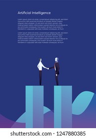 Artificial intelligence and human cooperation vector concept. Businessman gives handshake to ai robot in suit. Symbol of future technology and innovation. Eps10 vector illustration.