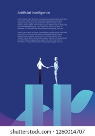 Artificial intelligence and human cooperation vector concept. Businessman gives handshake to ai robot. Symbol of future technology and innovation. Eps10 vector illustration.