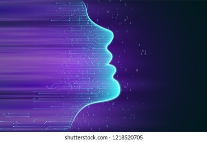 Artificial intelligence. Human face outline with circuit board inside. AI Concept. Face Recognition. Face Scanning. Big Data.Vector Illustration. 