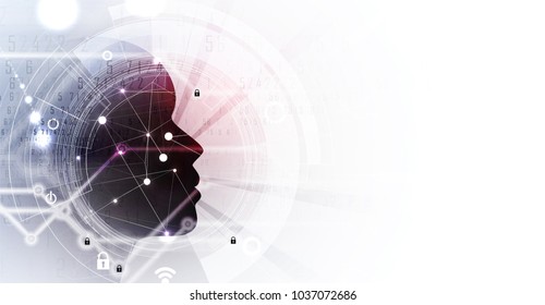 Artificial intelligence with human face. Technology web background. Virtual concept