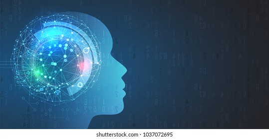 Artificial intelligence with human face. Technology web background. Virtual concept