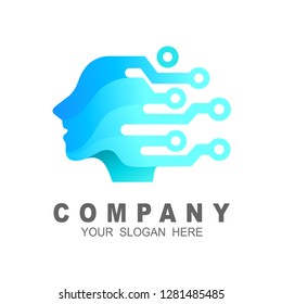 Artificial intelligence human face technology logo design illustration, face and tech
