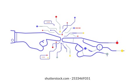 Inteligência artificial mão humana tocando com ai para inserir dados ilustração de aprendizagem de máquina