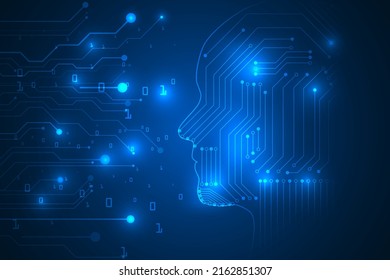 inteligencia artificial. La cabeza humana con línea de circuito digital es un abstracto de la tecnología de la innovación. código binario en el fondo de las líneas de circuito.