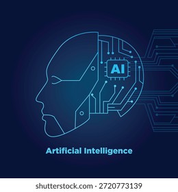 Artificial Intelligence Human Head with Digital Circuit Brain Concept