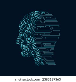 Artificial Intelligence and human head icon. Machine learning, robot revolution. Dot and circuit board design. Vector illustration, EPS 10