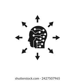 Artificial intelligence. Human head with multi-directional arrow icon flat style isolated on white background. Vector illustration