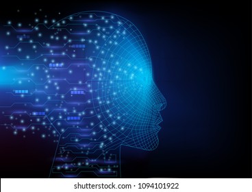 Artificial intelligence. Human head outline with circuit lines inside. Abstract digital technology and engineering background concept. Virtual 3D vector illustration.
